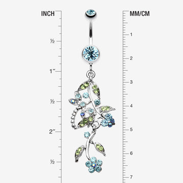 Detail View 1 of Romantic Vines with Flowers Belly Button Rings-Aqua